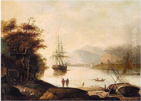 Estuary Scene With Fisherman And A Man-o-war At Anchor - view 1