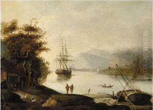 Estuary Scene With Fisherman And A Man Of War At Anchor