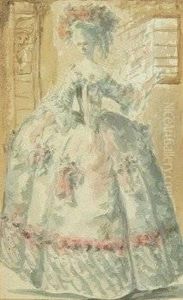 In 18th Century Costume Being Watched By A Hiding Suitor