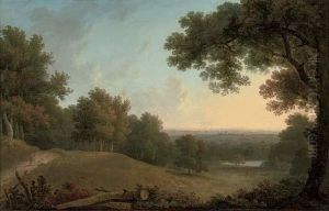 A View At Westhamble, Surrey, With A Figure On A Track, A Lake In The Distance by William George Jennings