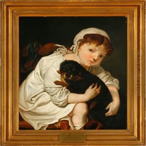 A Little Girl Playingwith A Puppy by Christian Albrecht Jensen