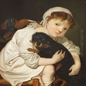 "a Little Girl Playing With A Puppy" by Christian Albrecht Jensen