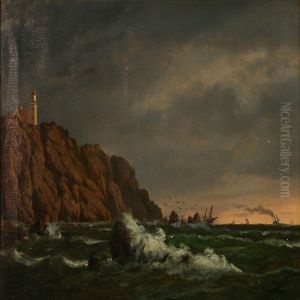 Coastal View With A Lighthouse On Tall Cliffs by Edvard Michael Jensen