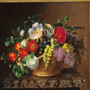 Primulas, Lilacs, Dog Roses, Laburnums And Peonies In A Basket On A Marble Pedestal