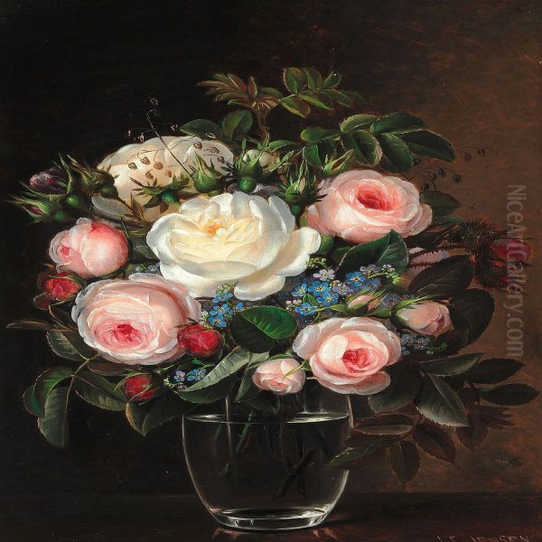 Pink And White Roses Together With Forget-me-nots In A Glass Vase - view 1