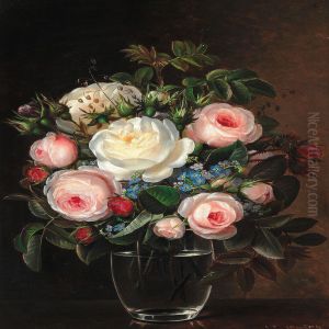 Pink And White Roses Together With Forget-me-nots In A Glass Vase by Johan Laurentz Jensen