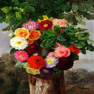 Wreath Of Dahlias On An Oak Tree by Johan Laurentz Jensen