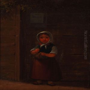 A Girl With A Flower Basket In Front Of A Fence by Johannes Jensen