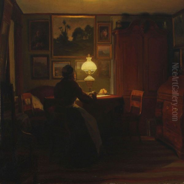 Interior With Womanreading By The Lamp - view 1