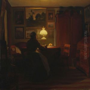 Interior With Womanreading By The Lamp by Karl Jensen