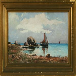 Along The Coast Withfishermen At The Boat by Louis Isak Napoleon Jensen