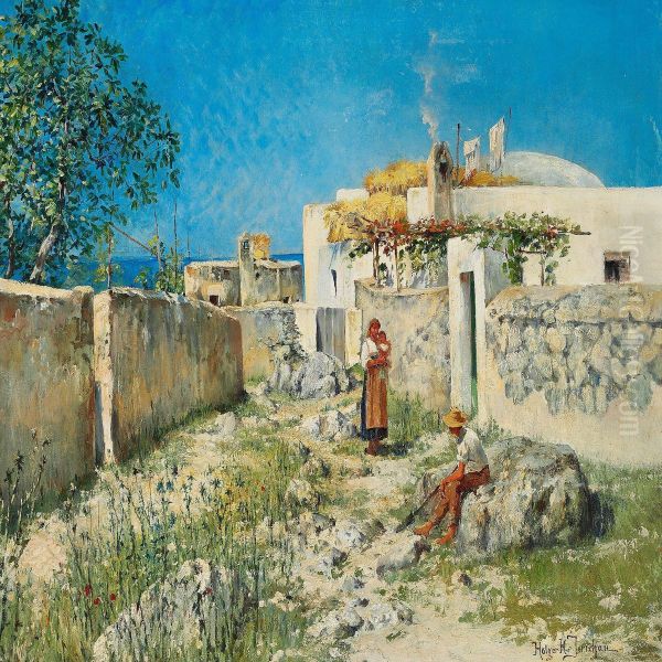 Young Couple With Their Child Outside A House, Presumably Capri - view 1