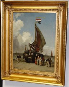 Figures By A Beached Fishing Boat by August Jernberg
