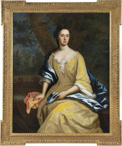 Portrait Of A Lady, Three-quarter-length, In A Yellow Dress And Blue Wrap, In A Landscape by Charles Jervas