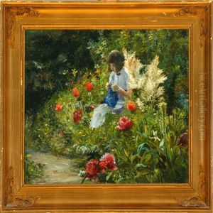 A Girlwith Her Knitting In A Rose Garden