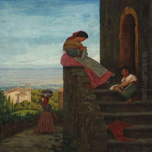 Scenery From Rocca Di Papa Of Young Italian Woman On Stairs by Carl Ludwig Jessen