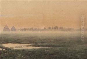 Morgenstimmung In Einer Ebene Mit Heuschober by Eugene Jettel