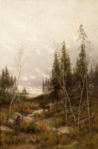 A Wooded Landscape With A Deer By Astream