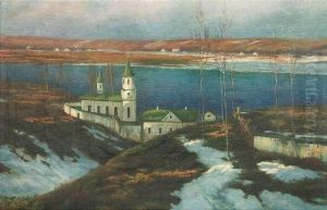 Vladimir . River Landscape With A Monastery At Sunset, Probably At River Wolga