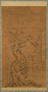 Depicting Prunus And Rockery In Moonlight by Lu Ji
