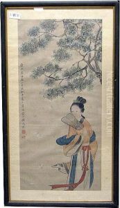 Framed And Glazed, Ink And Color On Silk; Depicting A Lady With A Fan Standing Beneath A Tree by Gu Jianlong