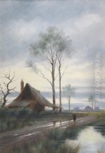 Winter Landscape With A Girl By A Cottage by Henry Bates Joel