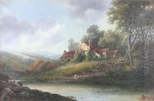 A River Landscape With Fisherman On A Path Before A Cottage by Henry Bates Joel