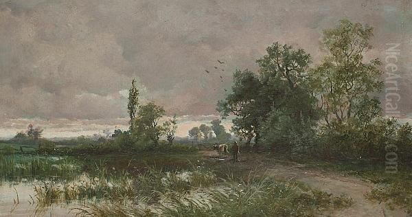 Figure With A Cow On A Lakeside Path - view 1