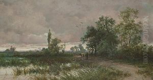 Figure With A Cow On A Lakeside Path by Henry Bates Joel