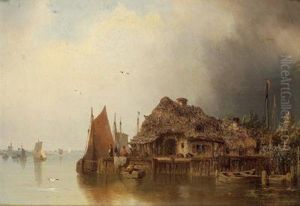Red Roofed House On The Water by Heinrich, Hermann Johann