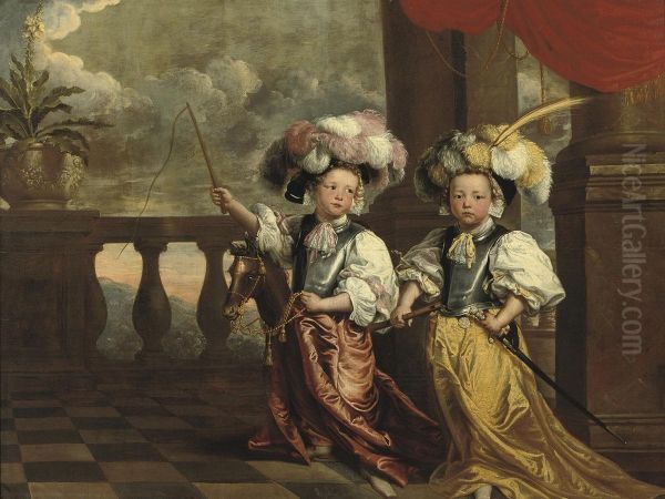 A Double Portrait Of Two Boys, Full-length, Dressed As Knights, One Holding A Flute, The Other On A Hobby-horse Holding A Whip, Both Standing On A Balcony - view 1