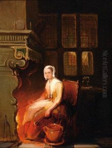 Interior With Woman By Afire by Antoine Balthasar Stroebel Johannes
