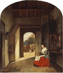 An Interior With A Woman Seated By An Open Door