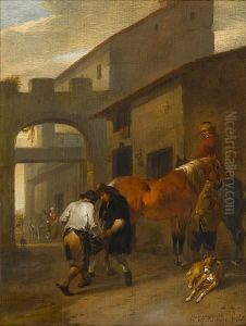 Horsemen And Their Dogs Resting In A Courtyard by Johannes Lingelbach & Hendrick Verschuring