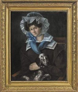 Jeune Femme Elegante Tenant Son Chien Sur Ses Genoux. by Alfred Johannot
