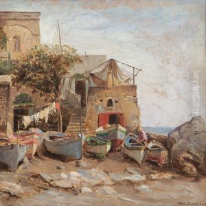 View Of Capri With Boats On The Beach by Axel Johansen