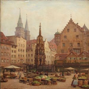 Schoner Brunnen On The Market Square In Nuremberg by Axel Johansen