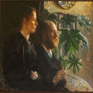 Self-portrait With Palette In Hand And His Wife Martha At His Side by Viggo Johansen
