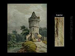 Landschaft Mit Rundturm Uber Einem Flusslauf Mit Stroh Tragender Bauerin by August Wilhelm John