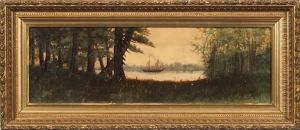 Forest Landscape With Lake And Sailboat At Center by Clarence M. Johns