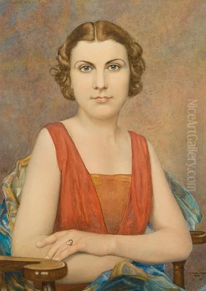 Portrait Of A Lady With Cropped Hair, In Reddress - view 1