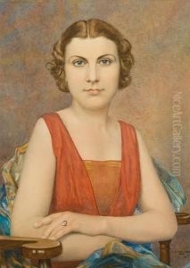 Portrait Of A Lady With Cropped Hair, In Reddress by Edwin Thomas Johns