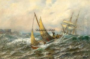 Johnssen Losbaten Moter Skute Olje Pa Lerret by Hjalmar Johnsen
