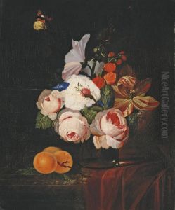 Roses, Tulipes, Liseron Et Autres Fleurs Dans Un Vase En Verre, Abricots Poses Sur Un Entablement Drape by Johan Johnsen