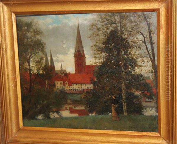 Continental Town Scene With Church Spires, Trees And A Figure In The Foreground - view 1