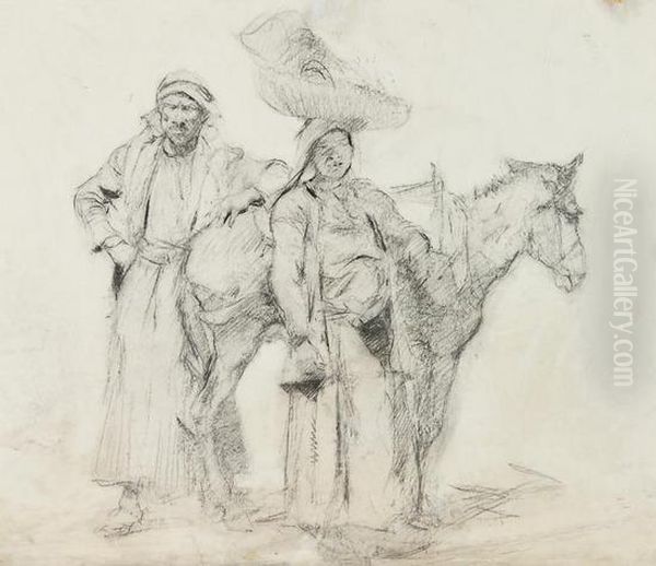 Arab Man And Woman With Donkey - view 1