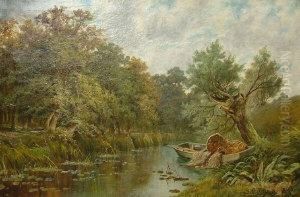 Rowing Boat In A River Landscape by Sidney Yates Johnson