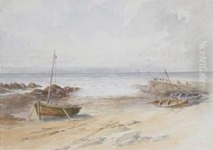 Boats On A Beach By A Harbour Wall by John Johnston