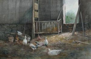 Barnyard With Ducks And Chickens by Reuben Le Grand Johnston