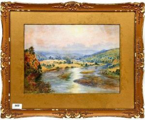 Scottish Landscape, 
Winding River With Figures.
